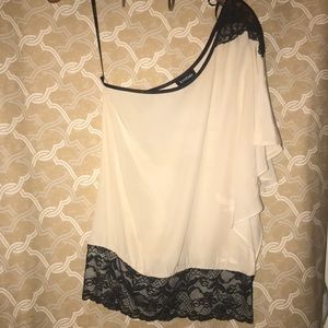 Bebe ivory with black lace one shoulder top